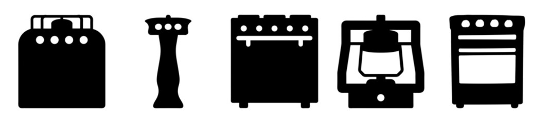 Black and white silhouette icons depicting various types of kitchen appliances