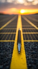 A sleek metallic pen centered on a yellow strip with sunset background during golden hour