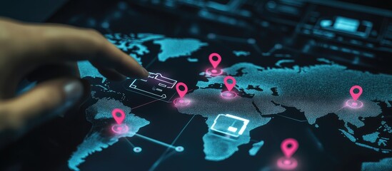Global network map with highlighted locations. A hand touches a point on a digital world map, showcasing interconnected locations