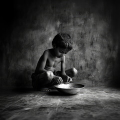 indian young boy beggar eating from an empty bowl.