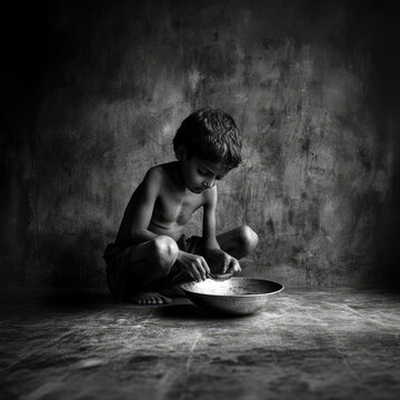 indian young boy beggar eating from an empty bowl.
