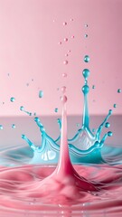 Vibrant pink and teal colored liquid splash art forming crown-like water droplets in close up