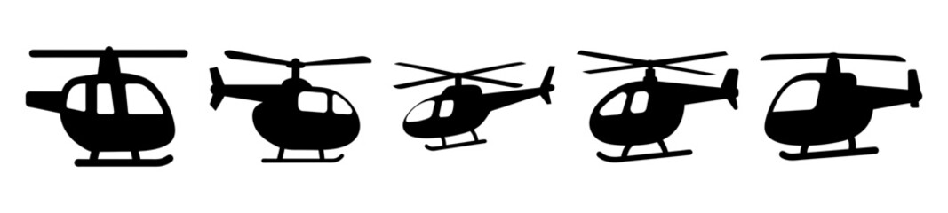 A collection of simple silhouette helicopter icons in various flight positions