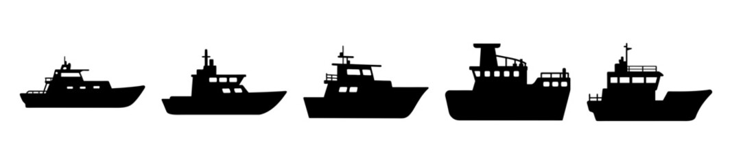 Black silhouettes of diverse fishing and recreational boats arranged on white background
