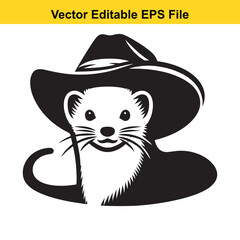 A cute stoat wearing a cowboy hat, a black and white vector illustration