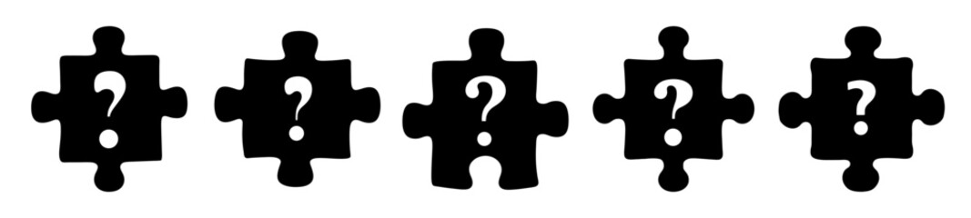 Black puzzle pieces containing question marks, representing problems and unanswered questions