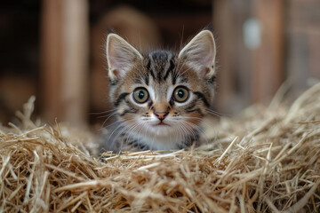 Kitten sitting in hay pile, looking curious.