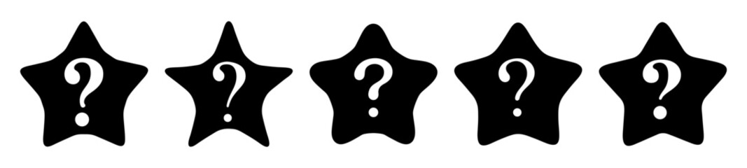 Obraz premium Five black stars with white question marks suggesting unknown ratings