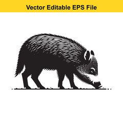 A black and white vector illustration of a wild boar rooting in the ground