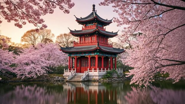 A serene pavilion surrounded by cherry blossoms reflecting in the lake.