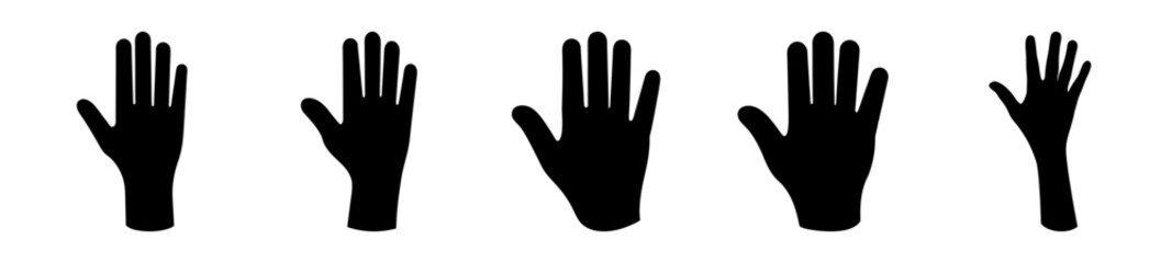 Illustrative Silhouette of Five Human Hands Exhibiting Different Gestures in Black and White