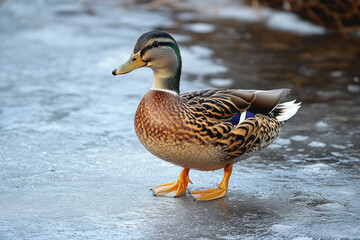 Duck standing on frozen lake, surrounded by snow-covered trees under a clear blue sky.