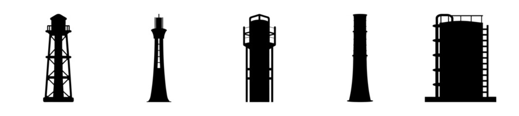 Silhouette of Industrial Towers and Structures Against White Background Displaying Variety
