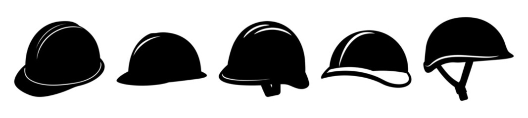 Silhouette illustration of five different types of protective headgear equipment