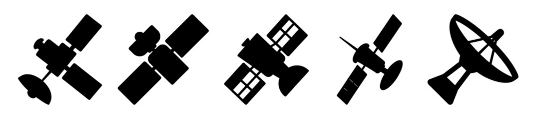 Five satellite icons in a row, symbolizing communication and technology advancement