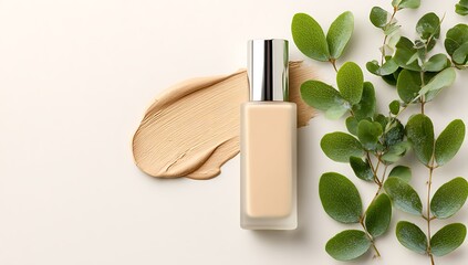 High quality photo of flat lay of an organic cosmetic product including a bottle with a natural-colored liquid and green leaves on the right side. The background is white to.
