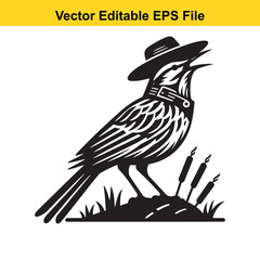 A stylish bird wearing a hat, singing merrily in a marshy environment