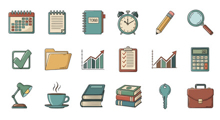 Vector icons Set of  Colorful HandDrawn Business Icons Calendar Notebook Graph and More. Vector Illustrations