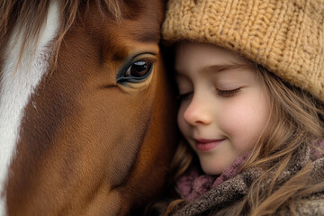 Fototapeta premium Girl hugging horse in a green meadow. Bond between them evident. Peaceful and loving moment captured in nature.
