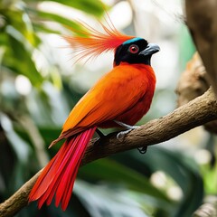 Vibrant red bird perched on a branch. Lush green foliage surrounds the bird