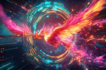 Fototapeta premium A vibrant phoenix soaring through a digital vortex of light.