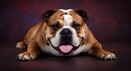 Obraz premium Adorable English Bulldog with Tongue Out Lying Down in Studio