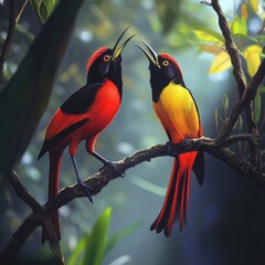 Two vibrant birds, red and yellow, perched on a branch in a lush forest