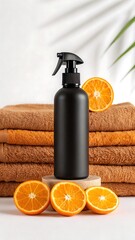 Black spray bottle with fresh orange slices and stacked towels for spa concept
