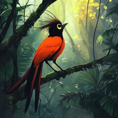 Vibrant red bird perched in a lush jungle