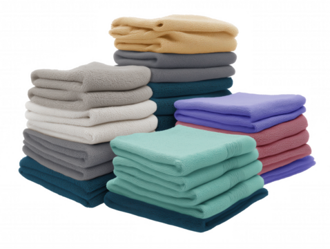 Four stacks of neatly folded towels in various colors on transparent background