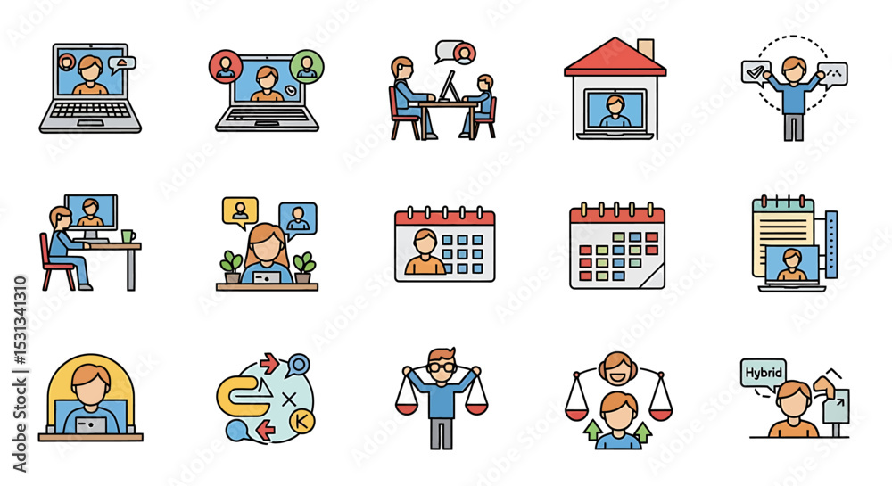 Poster vector icons set of colorful icons depicting remote work hybrid models and scheduling. vector illust