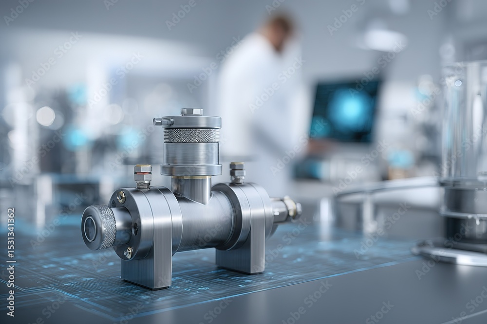 Poster innovative design of a precision valve displayed in a modern laboratory setting with a scientist in 