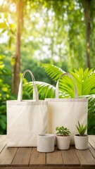 Eco friendly tote bags and potted plants arranged on a wooden table outdoors for branding