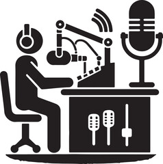 Illustration of person at podcasting desk with microphone and headphones in black and white
