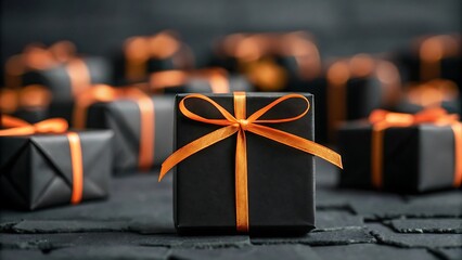 Elegant black gift boxes adorned with orange ribbons create a festive and stylish presentation
