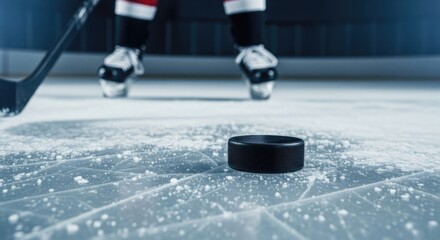 Hockey Puck Faceoff on Icy Rink with Skater Ready