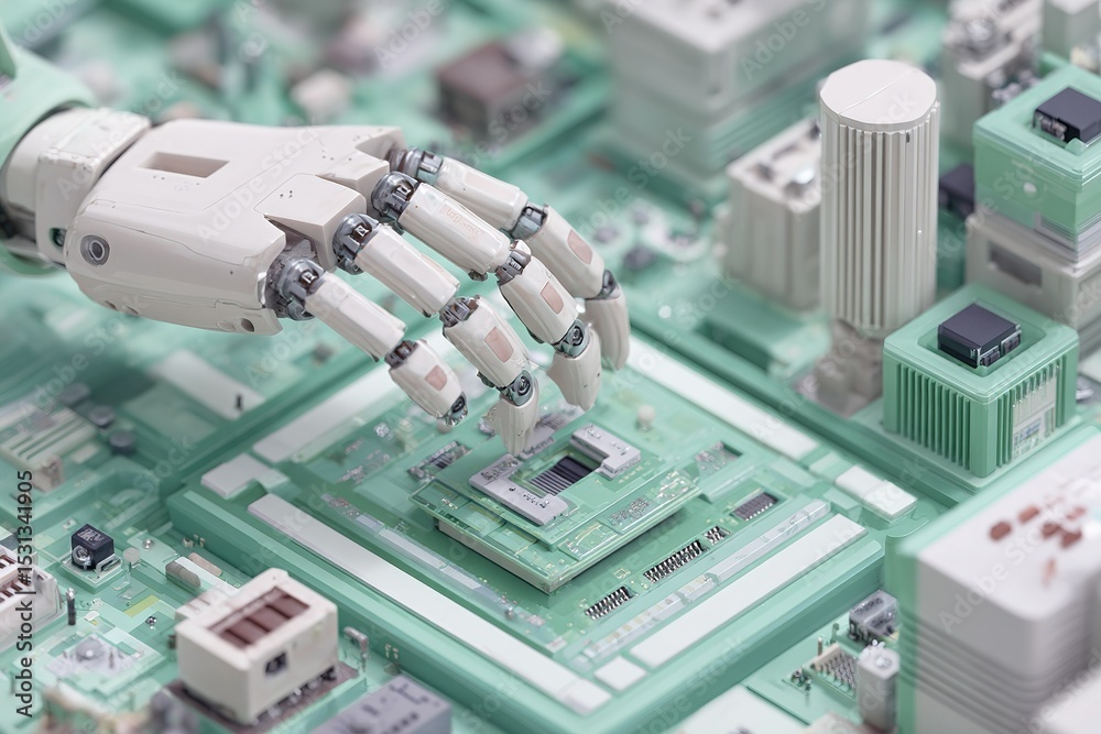 Poster robotic hand manipulating computer circuit in a futuristic technology laboratory setting