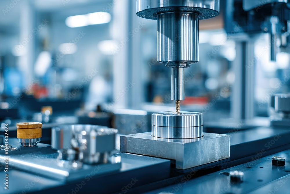 Poster precision machining process showcases a cnc machine working on a metal part in a modern factory sett