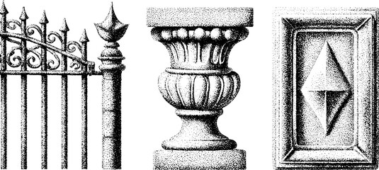 Classic architectural elements silhouette collection with wrought iron gate and gaslamp