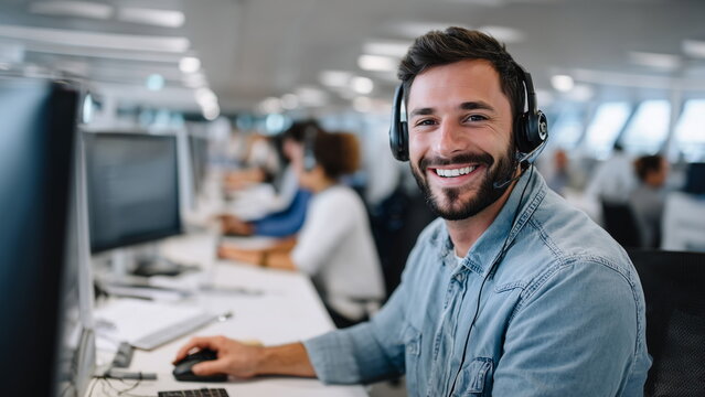 A smiling White male customer service agent wearing a headset, sitting at a desk with monitors, open-plan call center in the background with other agents at work.