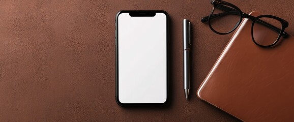 A black smartphone with a blank screen rests on a brown surface, alongside a pen and eyeglasses case