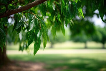 Obraz premium Green leaves glistening in sunlight at a peaceful park setting during summer