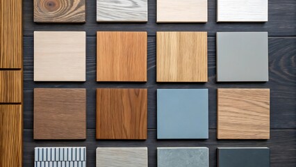 Collection of square wood and painted material samples arranged on a dark wooden surface