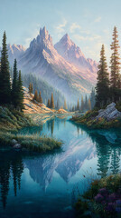 Serene mountain lake reflects a majestic peak under a soft morning light