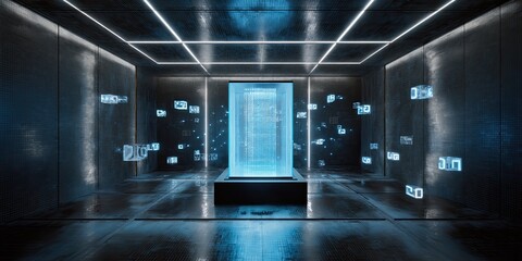 Futuristic, dark, concrete room with glowing blue accents and digital displays