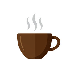 Obraz premium Flat brown coffee cup icon with steam rising, representing coffee, hot drinks, break time, or cafe atmosphere. Isolated on white.
