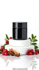 Black cosmetic jar on white platforms with cranberries cinnamon sticks and other natural elements