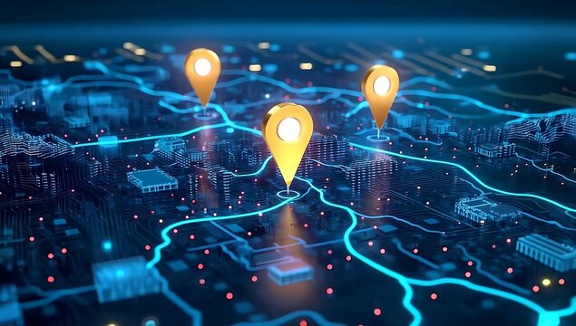 Digital Route Visualization: Explore a digital landscape where glowing markers illuminate the path, charting a course through intricate circuits and pathways.
