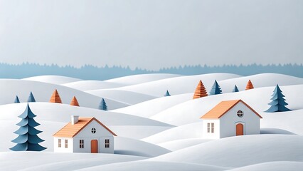 Charming winter landscape featuring cozy houses and stylized pine trees in a snow covered setting
