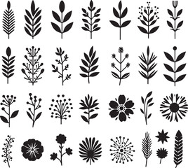 Minimal Black and White Floral Pattern and Design Elements Kit